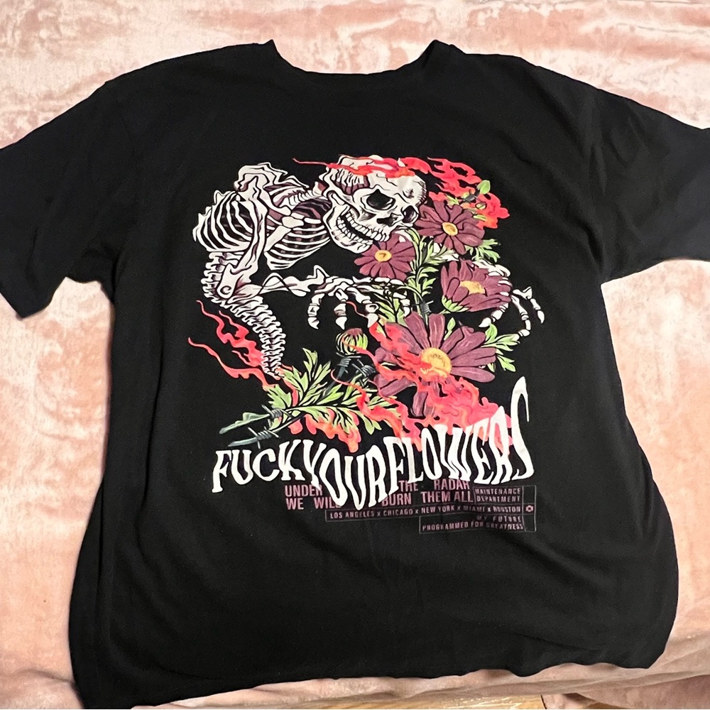 Black Graphic T-Shirt with Floral and Skeleton Design
